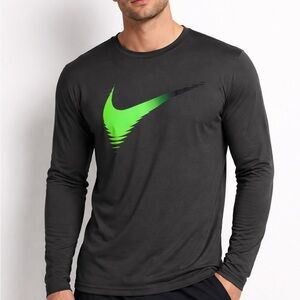 Nike Dri-Fit Long Sleeve Shirt Black Neon Green Swoosh Athletic Mens Medium